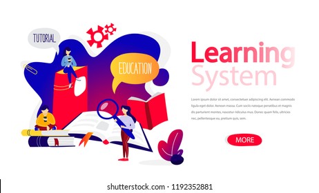 Learning system horizontal banner for your website. E-learning and modern technology concept. Education online using computer. Flat vector illustration