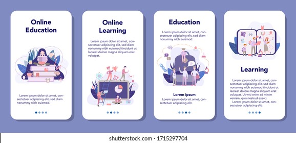 Learning system mobile application banner set, idea of study remotely. E-learning and modern technology concept. Education online using computer. Flat vector illustration
