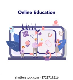 Learning system, online education service, idea of studying platform for differernt device. E-learning and modern technology concept. Education online using computer. Flat vector illustration