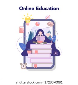 Sistema de aprendizaje, servicio de educación en línea, idea de estudiar plataforma para dispositivos diferentes. e-learning y concepto de tecnología moderna. Educación en línea usando la computadora. Ilustración vectorial plana