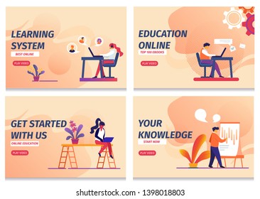 Learning System, Start Online Education, Knowledge, Get Started with Us Horizontal Banners Set. Distant Classes, Webinars, Remote in Absentia Lessons for Students. Cartoon Flat Vector Illustration