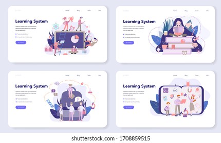 Learning system web banner or landing page set, idea of study remotely. E-learning and modern technology concept. Education online using computer. Flat vector illustration