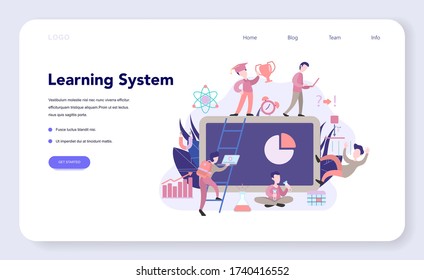 Learning system web banner or landing page, idea of study remotely. E-learning and modern technology concept. Education online using computer. Flat vector illustration