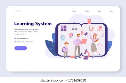 Learning system web banner or landing page, idea of study remotely. E-learning and modern technology concept. Education online using computer. Flat vector illustration