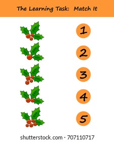 Learning task: Match it. Christmas education game. Holly