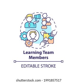 Learning team members concept icon. Worker adaptation stages. Team building activities idea thin line illustration. Achieve common goal. Vector isolated outline RGB color drawing. Editable stroke