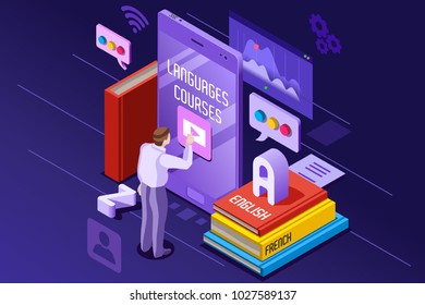 Learning From Textbook This Is A Foreign Concept Vector Illustration. E-learning And Teaching Theme. Student In Front Of Gadget Near Textbooks And English Abc Alphabet. 3d Isometric Flat Design.