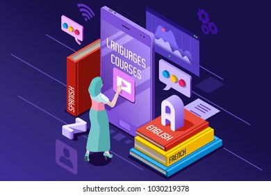 Learning from textbook this is a foreign concept vector illustration. e-learning and teaching theme. Student in front of gadget near textbooks and English abc alphabet. 3d isometric flat design.