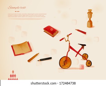 Learning through play. Toys, pencils and notebook. Background. Eps 10