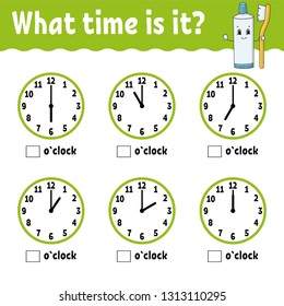 Learning time on the clock. Educational activity worksheet for kids and toddlers. Game for children. Simple flat isolated vector illustration in cute cartoon style