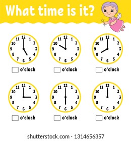 Learning time on the clock. Educational activity worksheet for kids and toddlers. Game for children. Simple flat isolated vector illustration in cute cartoon style