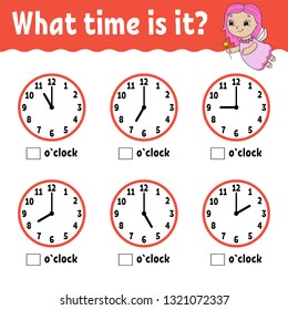 Learning time on the clock. Educational activity worksheet for kids and toddlers. Game for children. Simple flat isolated vector illustration in cute cartoon style