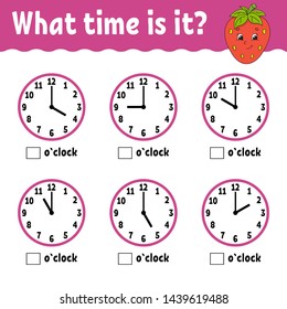 Learning time on the clock. Educational activity worksheet for kids and toddlers. Game for children. Simple flat isolated vector illustration in cute cartoon style.