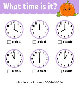 Learning time on the clock. Educational activity worksheet for kids and toddlers. Game for children. Simple flat isolated vector illustration in cute cartoon style.