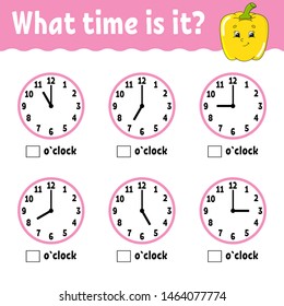 Learning time on the clock. Educational activity worksheet for kids and toddlers. Game for children. Simple flat isolated vector illustration in cute cartoon style.