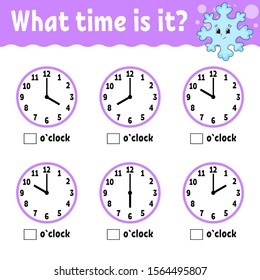 Learning time on the clock. Educational activity worksheet for kids and toddlers. Game for children. Simple flat isolated vector illustration in cute cartoon style.