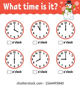 Learning time on the clock. Educational activity worksheet for kids and toddlers. Game for children. Simple flat isolated vector illustration in cute cartoon style.