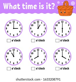 Learning time on the clock. Educational activity worksheet for kids and toddlers. Wood basket. Game for children. Simple flat isolated color vector illustration in cute cartoon style.