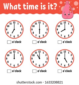 Learning time on the clock. Educational activity worksheet for kids and toddlers. Wash detergent. Game for children. Simple flat isolated color vector illustration in cute cartoon style.