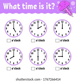 Learning time on the clock. Educational activity worksheet for kids and toddlers. Game for children. Simple flat isolated color vector illustration in cute cartoon style.