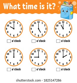 Learning time on the clock. Educational activity worksheet for kids and toddlers. Game for children. Simple flat isolated color vector illustration in cute cartoon style.