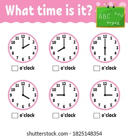 Learning time on the clock. Educational activity worksheet for kids and toddlers. Game for children. Simple flat isolated color vector illustration in cute cartoon style.