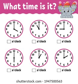 Learning time on the clock. Educational activity worksheet for kids and toddlers. Game for children. Simple flat isolated color vector illustration in cute cartoon style.