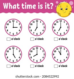 Learning time on the clock. Educational activity worksheet for kids and toddlers. Game for children. Simple flat isolated color vector illustration in cute cartoon style.