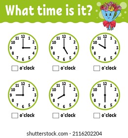 Learning time on the clock. Educational activity worksheet for kids and toddlers. Game for children. Simple flat isolated color vector illustration in cute cartoon style.