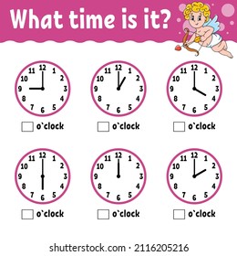 Learning time on the clock. Educational activity worksheet for kids and toddlers. Game for children. Simple flat isolated color vector illustration in cute cartoon style.