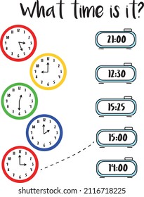 Learning time on the clock. Educational activity worksheet for kids and toddlers. Preschool game. Simple flat isolated illustration in cartoon style.Puzzle with clock and numbers. What time is it? 