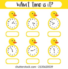 Learning time on the clock. Educational activity worksheet for kids and toddlers. Preschool game. Simple flat isolated illustration in cartoon style.Puzzle with clock and numbers. What time is it? 