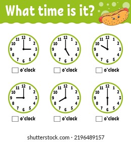 Learning time on the clock. Educational activity worksheet for kids and toddlers. Game for children. Simple flat isolated color vector illustration in cute cartoon style.