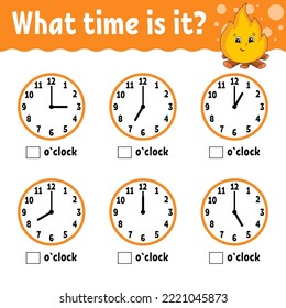 Learning time on the clock. Educational activity worksheet for kids and toddlers. Game for children. Simple flat isolated color vector illustration in cute cartoon style.