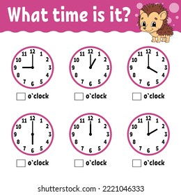 Learning time on the clock. Educational activity worksheet for kids and toddlers. Game for children. Simple flat isolated color vector illustration in cute cartoon style. Vector illustration.
