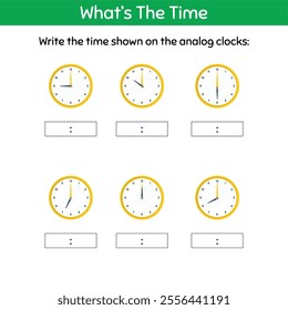 Learning time on the clock. Educational activity worksheet for kids and toddlers.