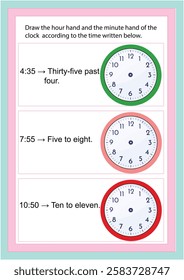 Learning time on the clock. Educational activity worksheet for kids and toddlers. Game for children. Simple flat isolated colour vector illustration in cute cartoon style.