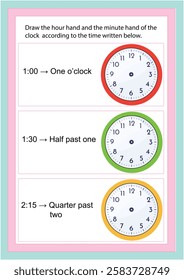 Learning time on the clock. Educational activity worksheet for kids and toddlers. Game for children. Simple flat isolated colour vector illustration in cute cartoon style.