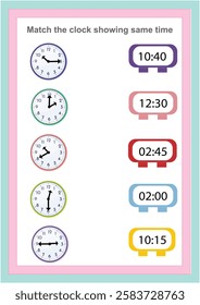 Learning time on the clock. Educational activity worksheet for kids and toddlers. Game for children. Simple flat isolated colour vector illustration in cute cartoon style.