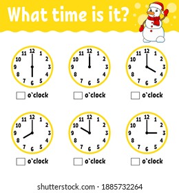 Learning time on the clock. Winter theme. Educational activity worksheet for kids and toddlers. Game for children. Simple flat isolated color vector illustration in cute cartoon style.