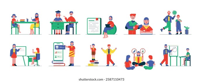 Learning together at a private house, homeschooling learning with children. Design character. Vector flat illustration packs