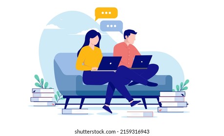 Learning together - Two people, man and woman studying with computers sitting in sofa. Online course and training concept, flat design vector illustration with white background