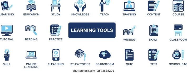 Learning tools icon set collection. Education, study, knowledge, teach, training, content, course, skill, eLearning, quiz . and solid icons.