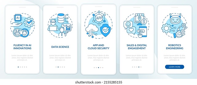 Learning top digital skills blue onboarding mobile app screen. Walkthrough 5 steps graphic instructions pages with linear concepts. UI, UX, GUI template. Myriad Pro-Bold, Regular fonts used