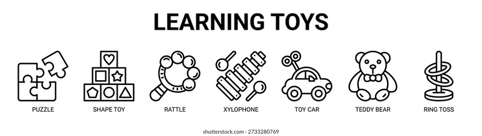 Learning Toys web banner icon vector illustration concept with icon of puzzle, shape toy, rattle, xylophone, toy car, teddy bear, and ring toss.