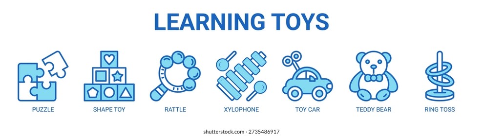 Learning Toys web banner icon vector illustration concept with icon of puzzle, shape toy, rattle, xylophone, toy car, teddy bear, and ring toss.