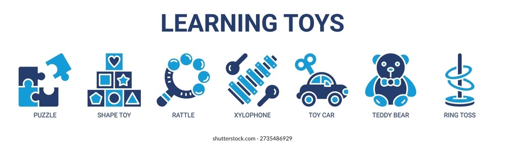 Learning Toys web banner icon vector illustration concept with icon of puzzle, shape toy, rattle, xylophone, toy car, teddy bear, and ring toss.