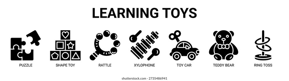 Learning Toys web banner icon vector illustration concept with icon of puzzle, shape toy, rattle, xylophone, toy car, teddy bear, and ring toss.