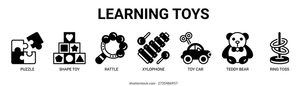 Learning Toys web banner icon vector illustration concept with icon of puzzle, shape toy, rattle, xylophone, toy car, teddy bear, and ring toss.