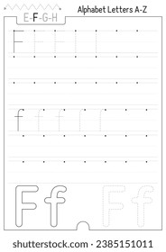 Learning to trace kids activity worksheet. Page letter F for kids tracing workbook. Lined sheet for kids exercise book. Black and white Vector illustration.